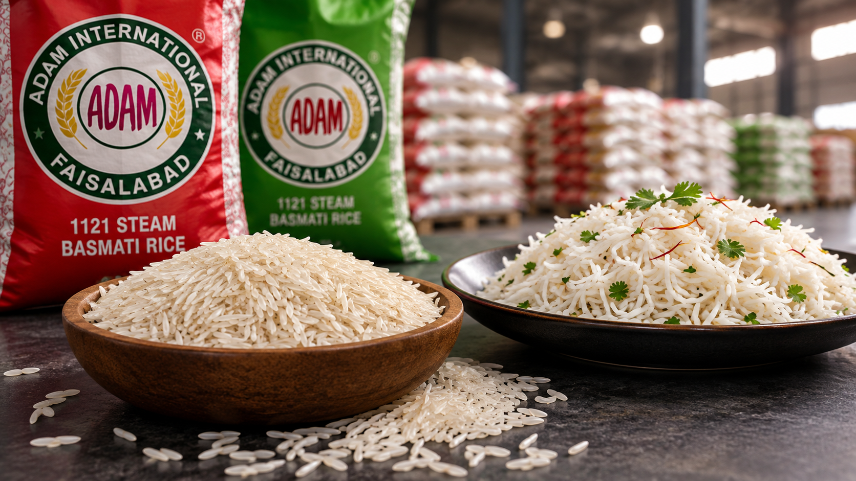 Rice processing facility at Adam International Rice Mills in Faisalabad