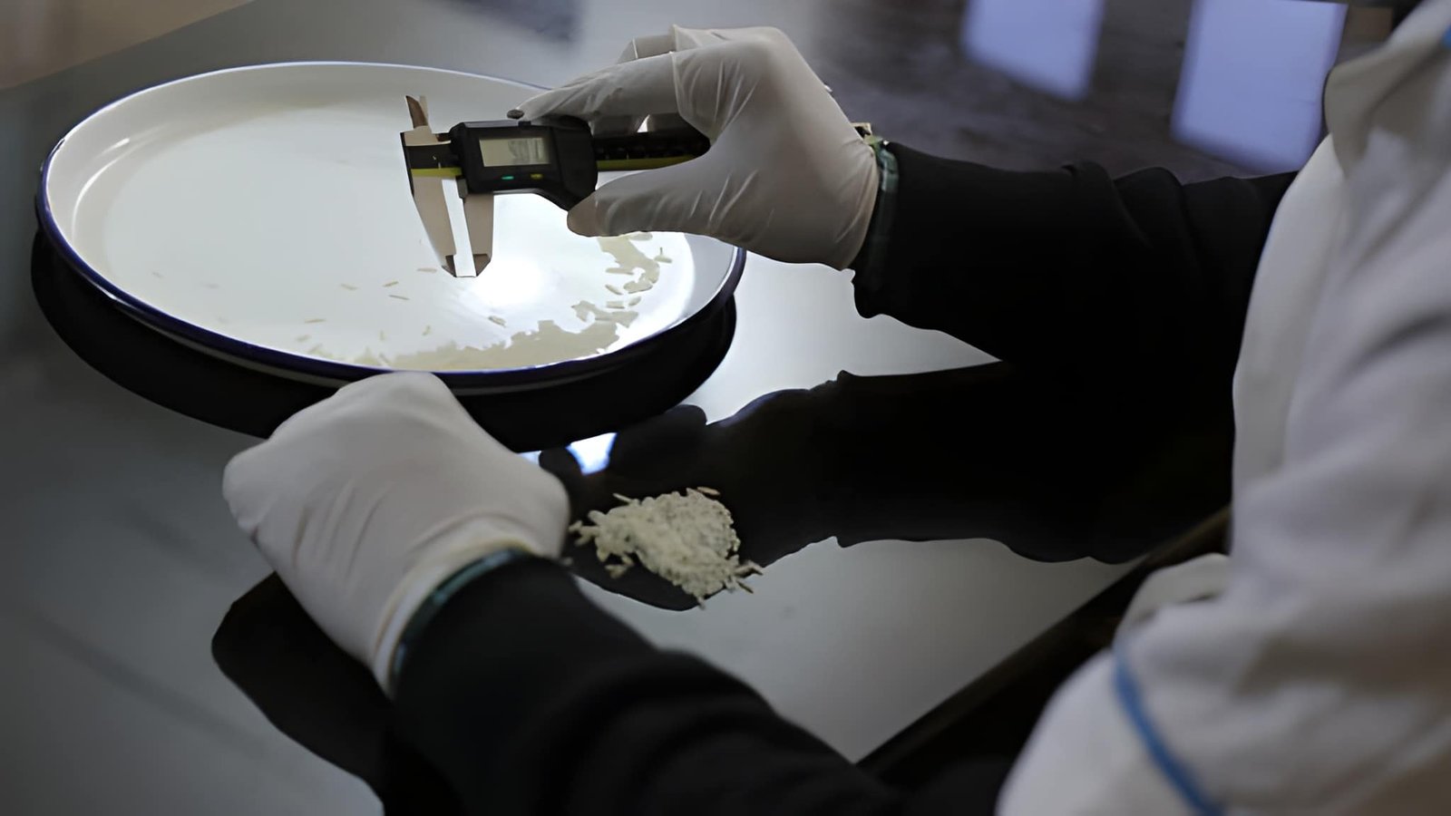 Quality inspection of premium basmati rice before packaging